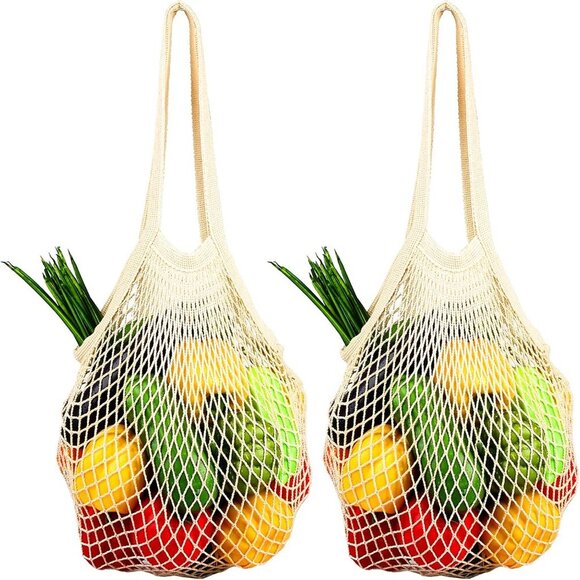 2 Pack] Premium Mesh Grocery Bags, Reusable Produce Bags, Long Handle Net Tote B - Picture 1 of 9